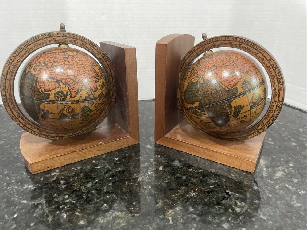 Set of Globe Bookends Wooden Rotating World Globe Bookends Vintage Made In Italy